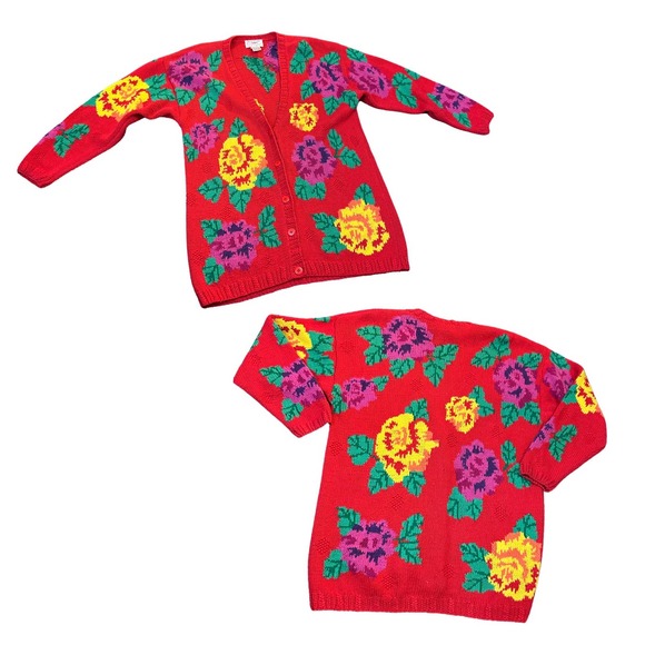 1990s Red Floral Hand Knit Oversized Long Cardigan Sweater / Women’s Medium * - Picture 3 of 4